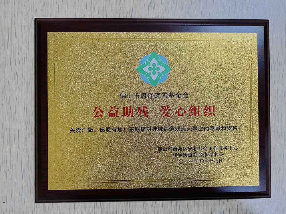 2023年5月，桂城街道社区康园中心、安和社工中心向海天味业·康泽慈善基金会颁发“公益助残 爱心组织”的牌匾。